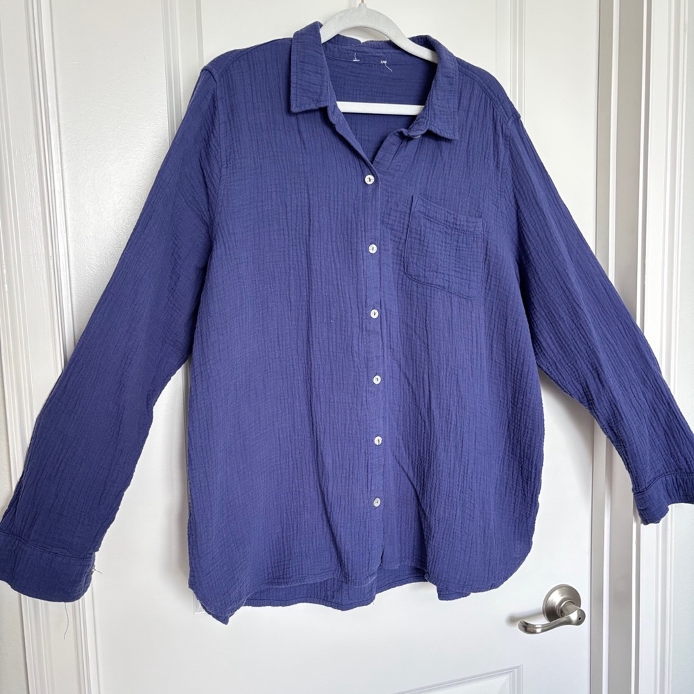100% Cotton Blue Gauze Shirt XL Textured Button Down Long Sleeve Boho Coastal